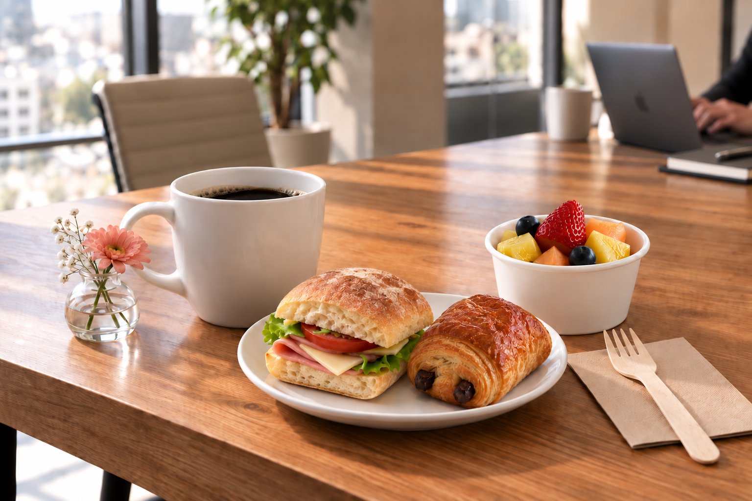 Presentación ilustrativa del paquete Completo con café, pan, fruta y un bocadillo salado