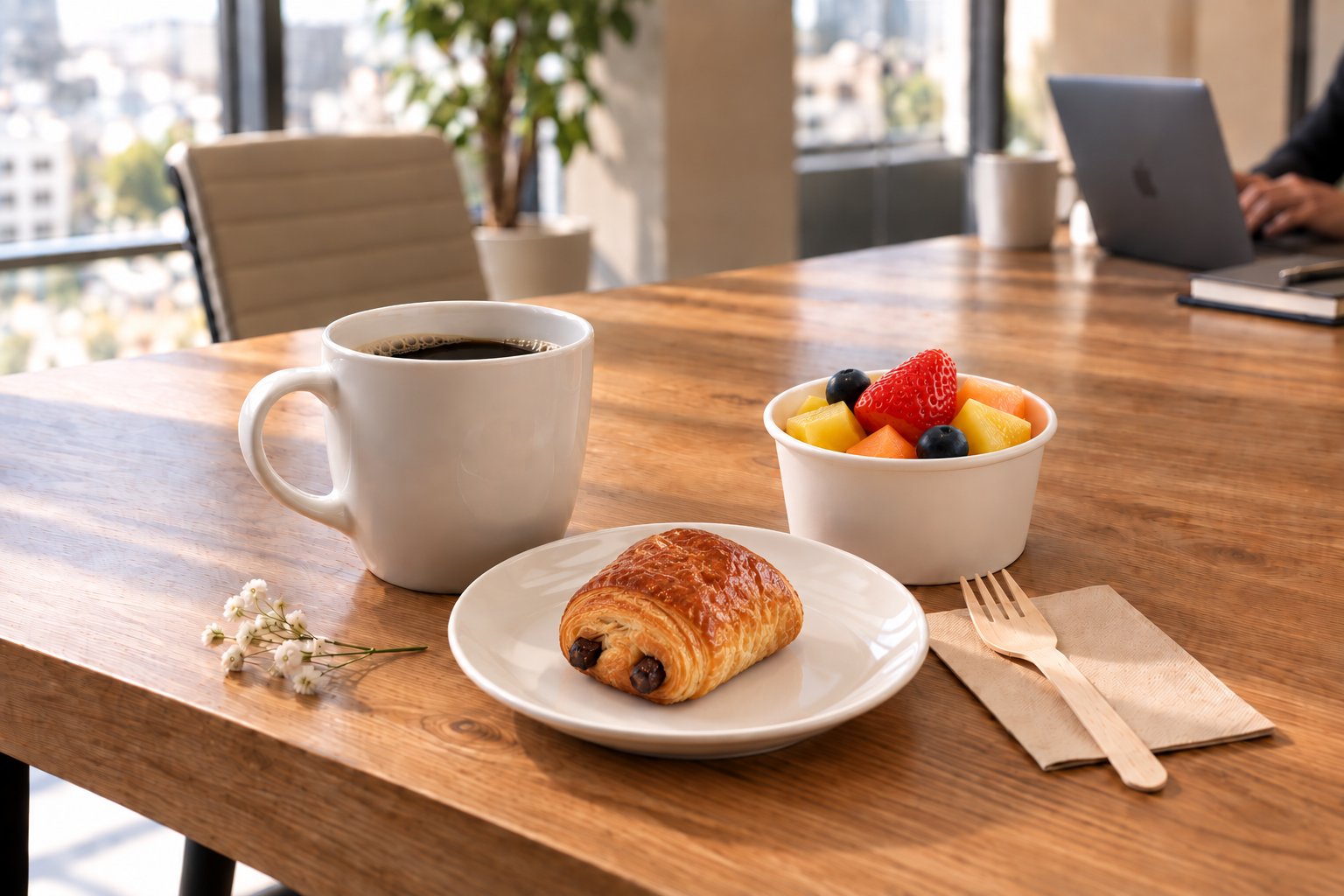 Presentación ilustrativa del paquete Esencial con café, mini pan dulce y fruta