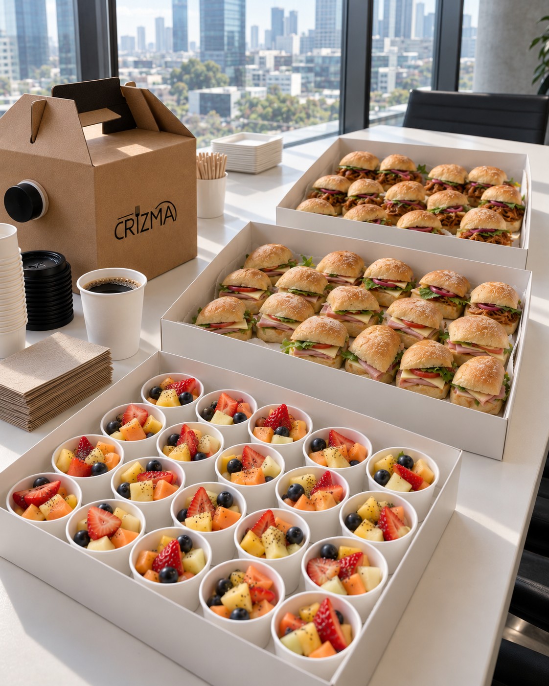 Ejemplo ilustrativo de café, mini chapatas y fruta presentados en empaques CRYZMA